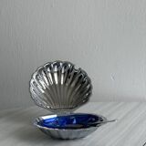 Antique shell butter dish in silver metal and blue glass