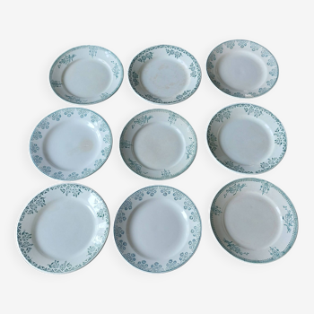 9 Assiettes plates dépareillées Terre de fer tons verts bleus