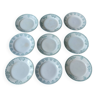 9 Assiettes plates dépareillées Terre de fer tons verts bleus