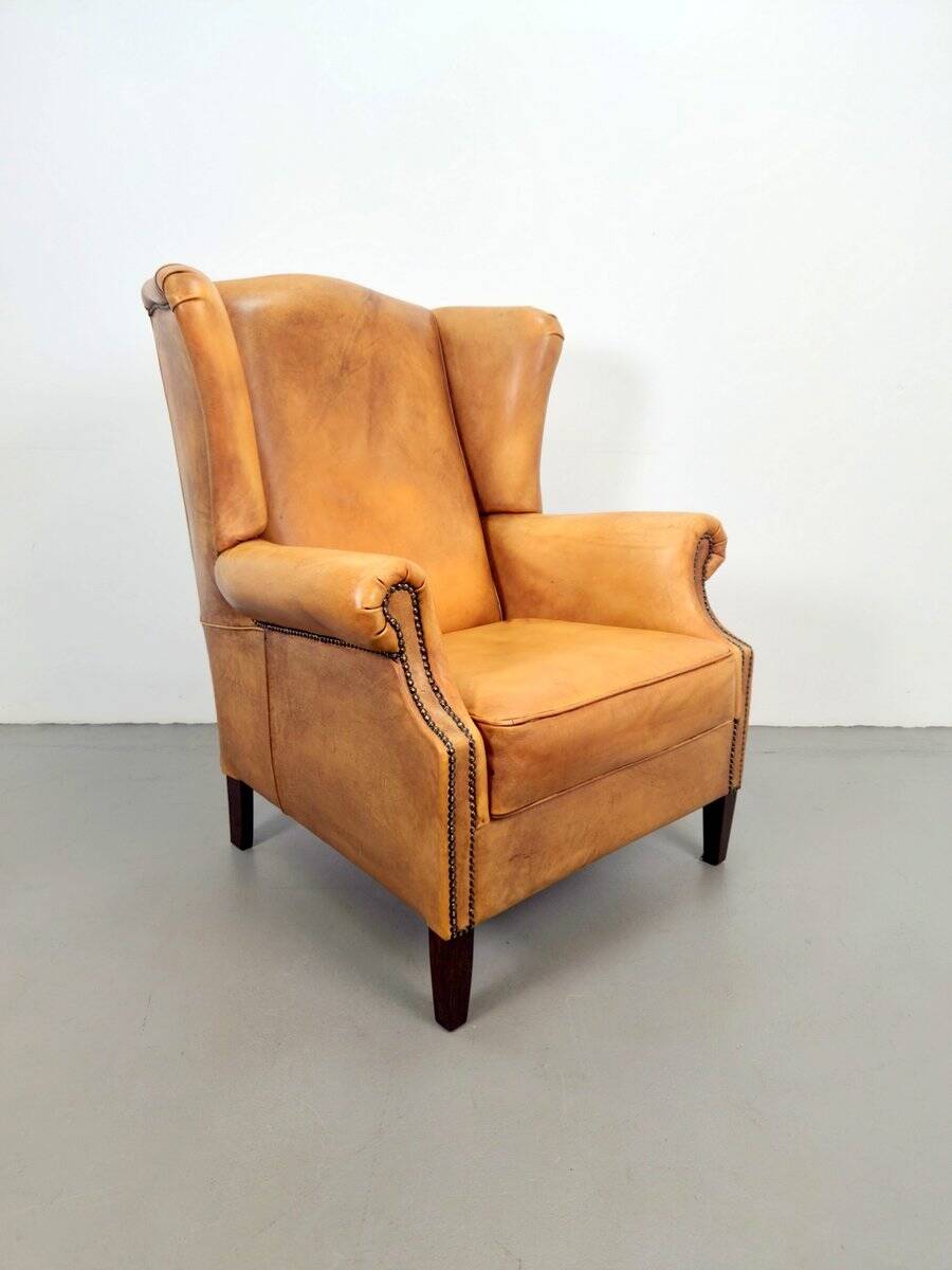 Vintage Sheepskin Leather Wing-Back Chair, 1970s