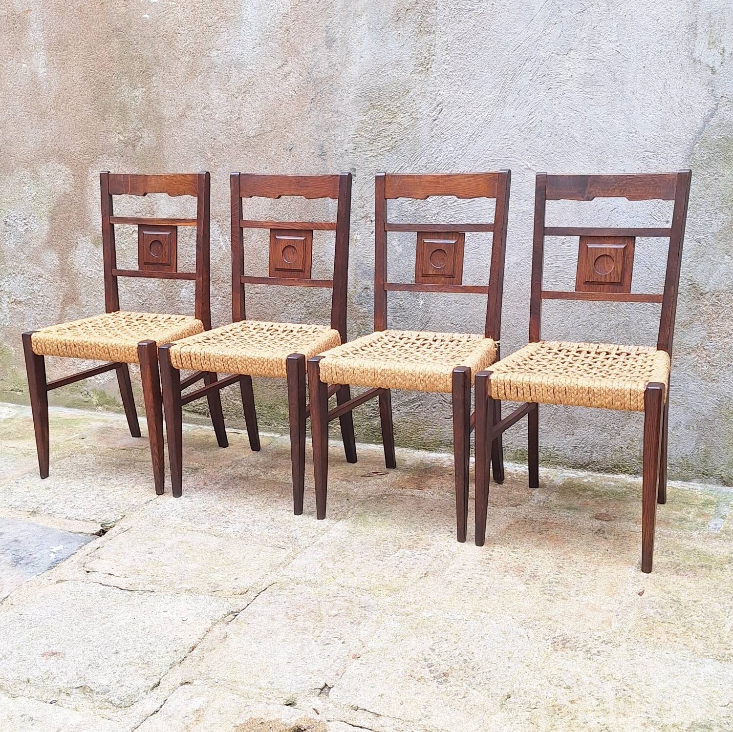 Set of 4 oak and rope chairs