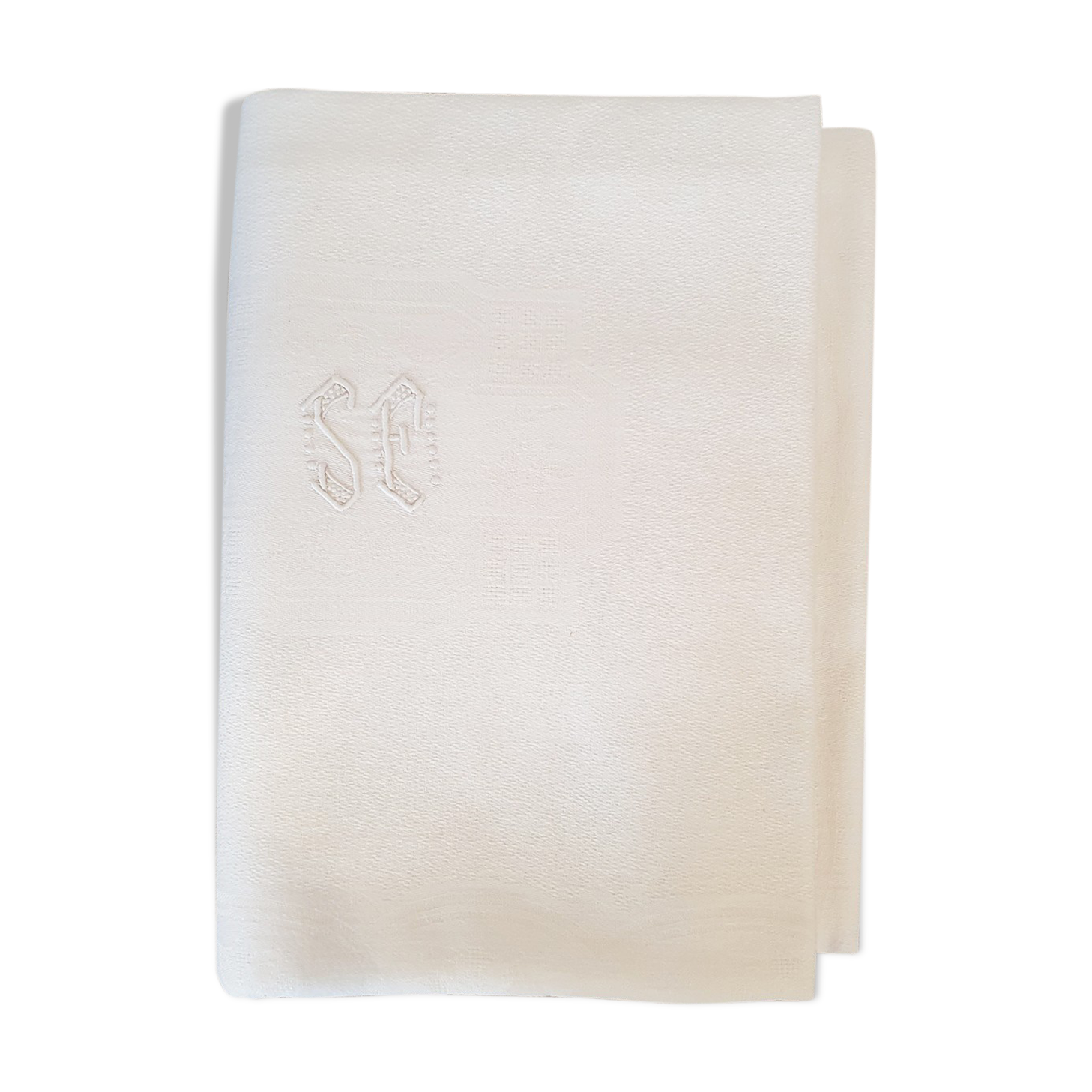 Old rectangular white tablecloth damask and monogrammed