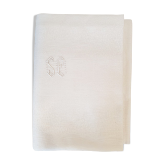 Old rectangular white tablecloth damask and monogrammed