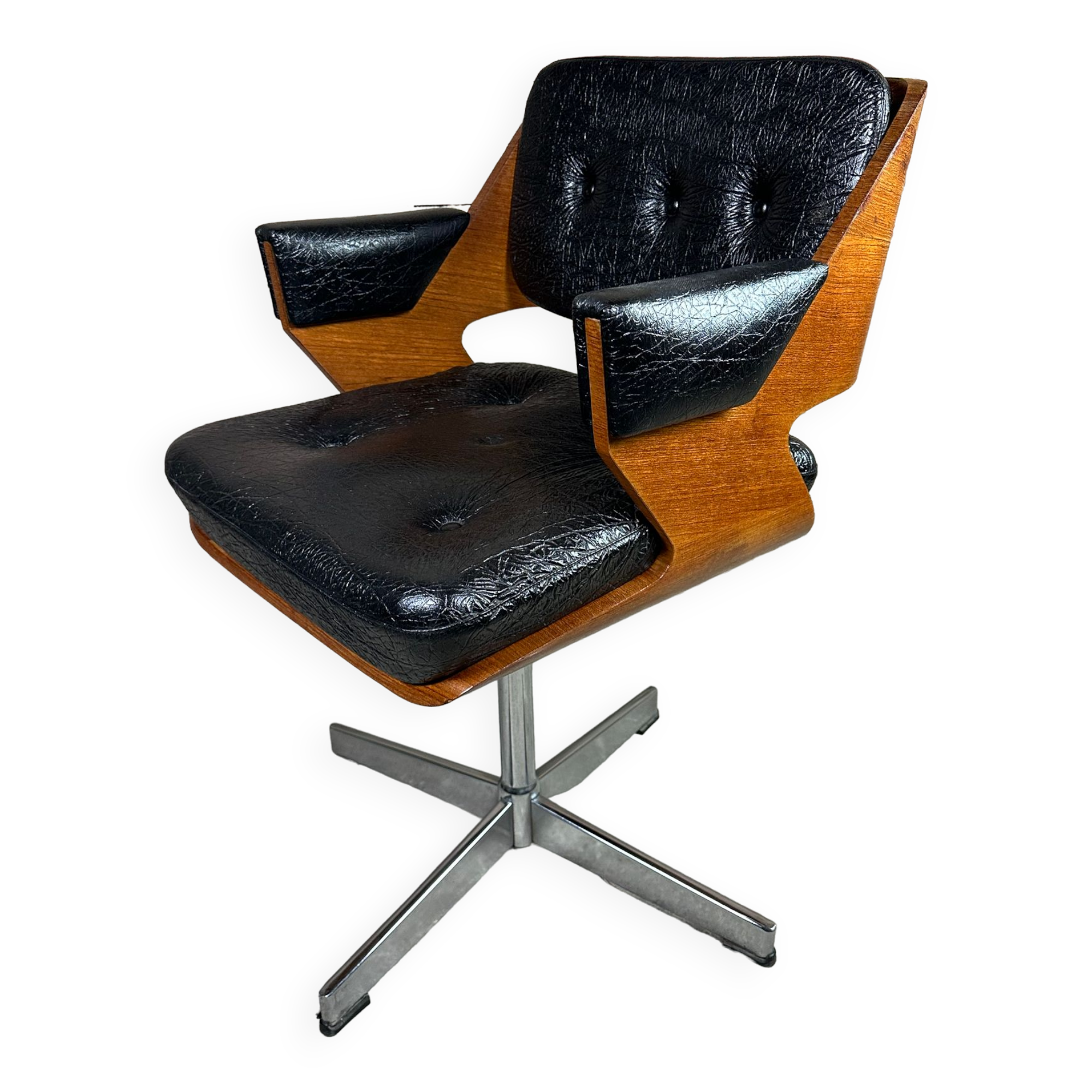 Martin Stoll vintage 1960 swivel armchair in wood and imitation