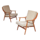 Pair of Boomerang-style armchairs in ecru beige fabric, 1960s.