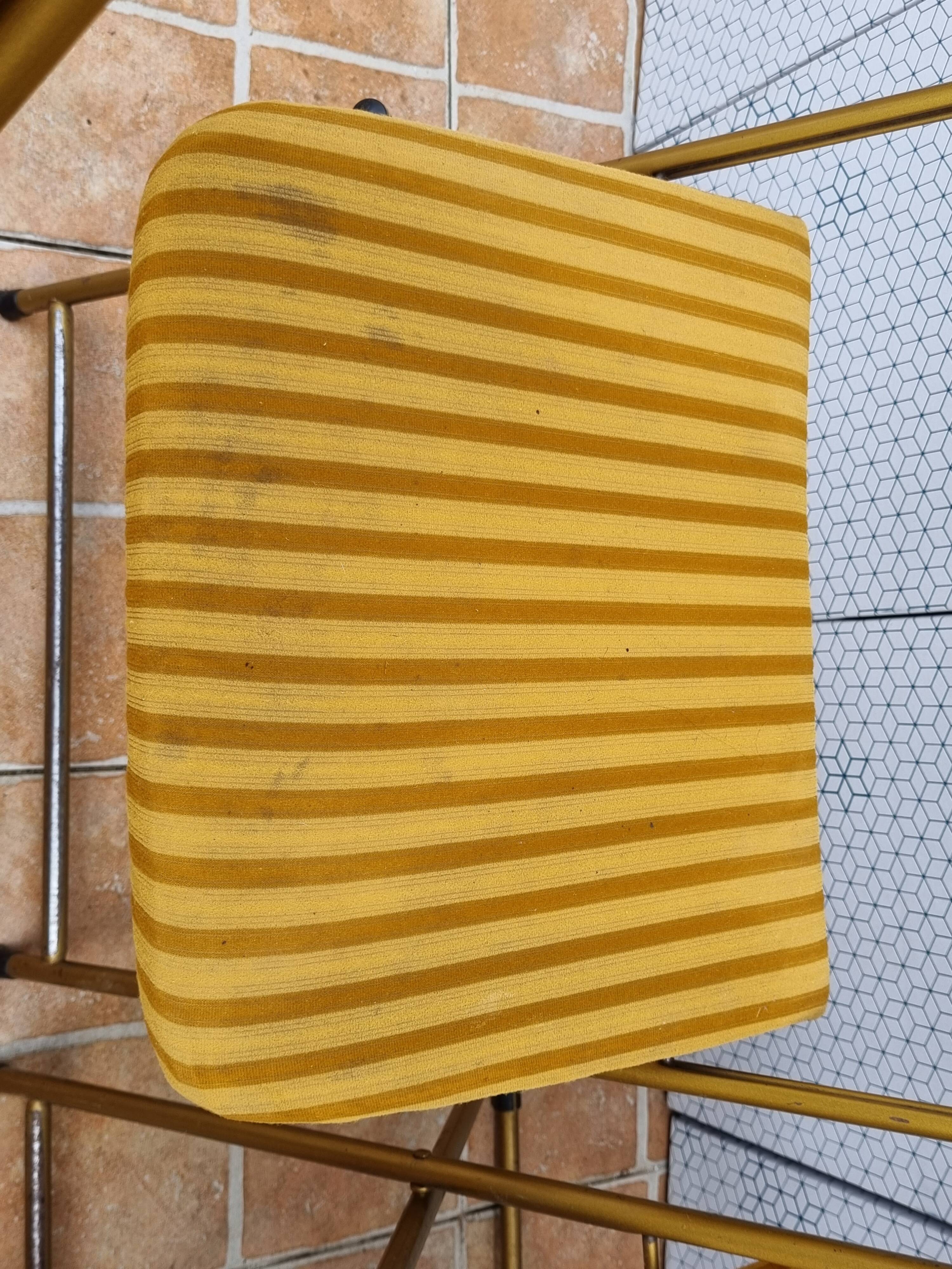 4 vintage Lafuma folding chairs in gold metal and striped velvet, 1970s.