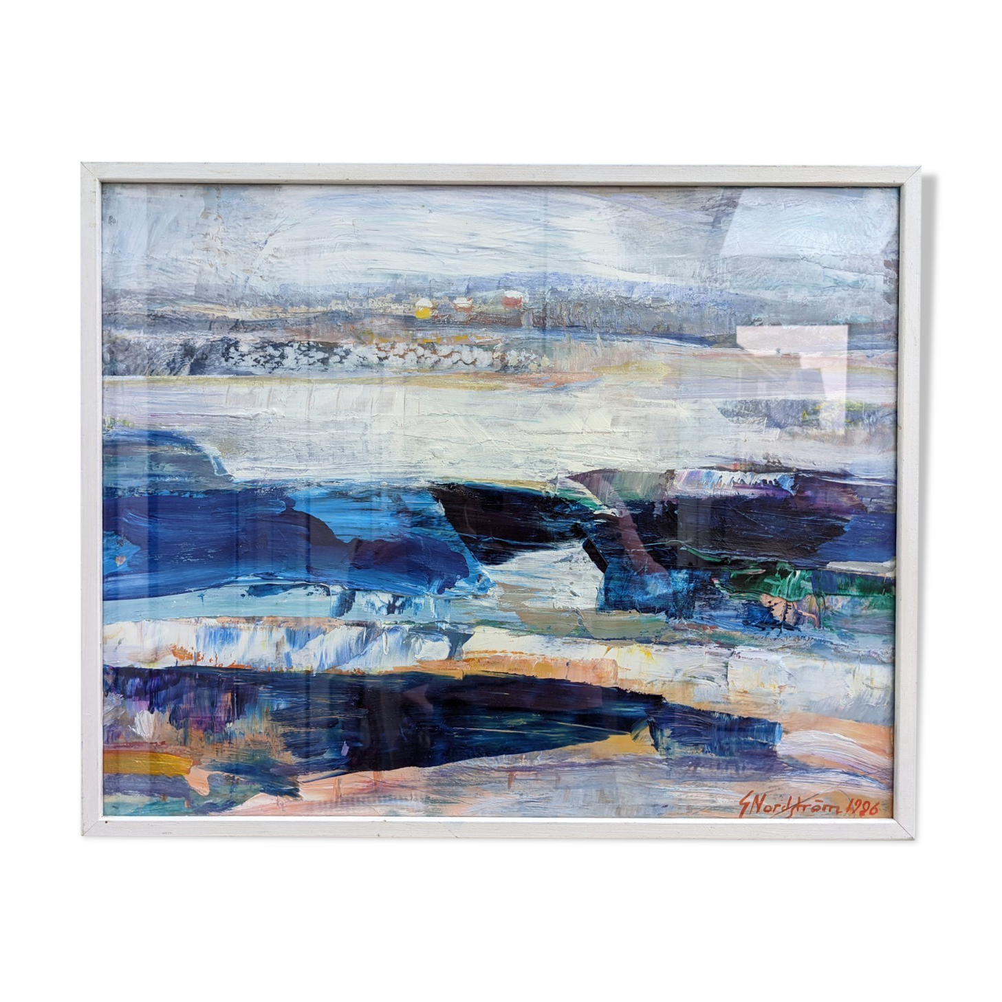 1995 Modern "Winter Blue" Swedish Abstract Modernist Landscape Oil Painting, Framed