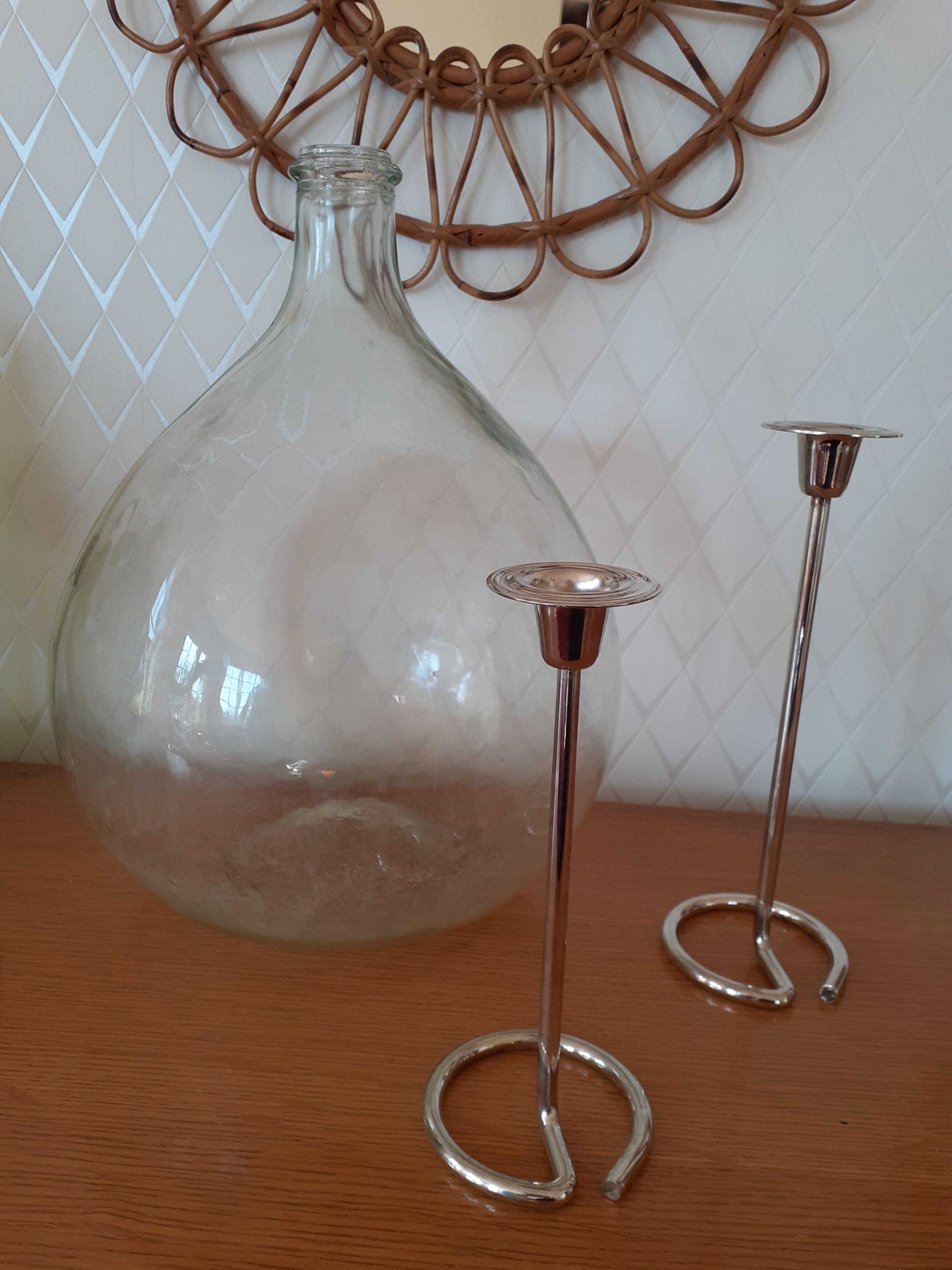 Pair of silver metal candle holders