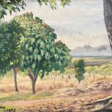 1920s french oil painting / panel. landscape. fields, trees and mountains