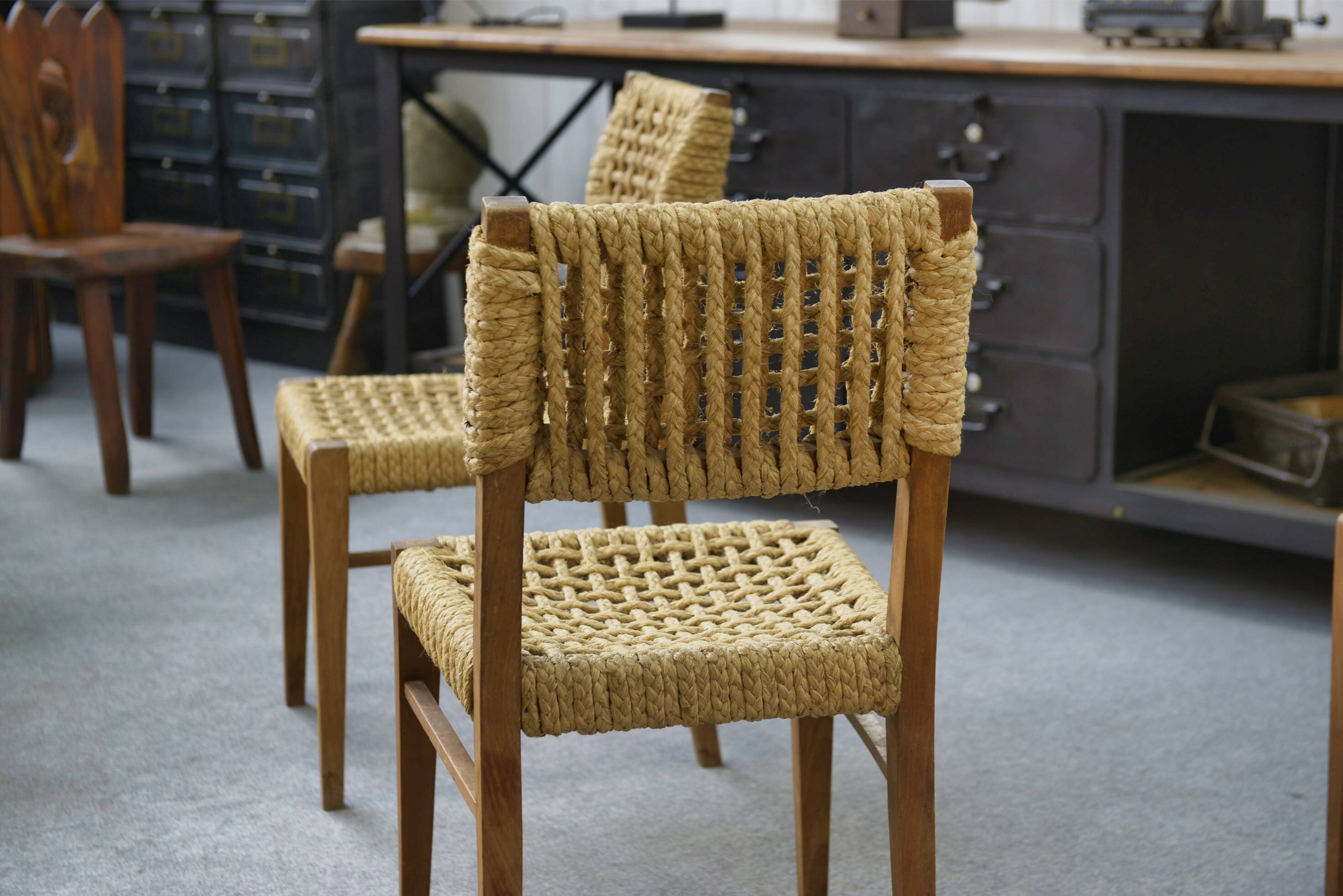 Set of 6 woven rope chairs by Adrien Audoux & Frida Minet for Vibo Versoul 1940's
