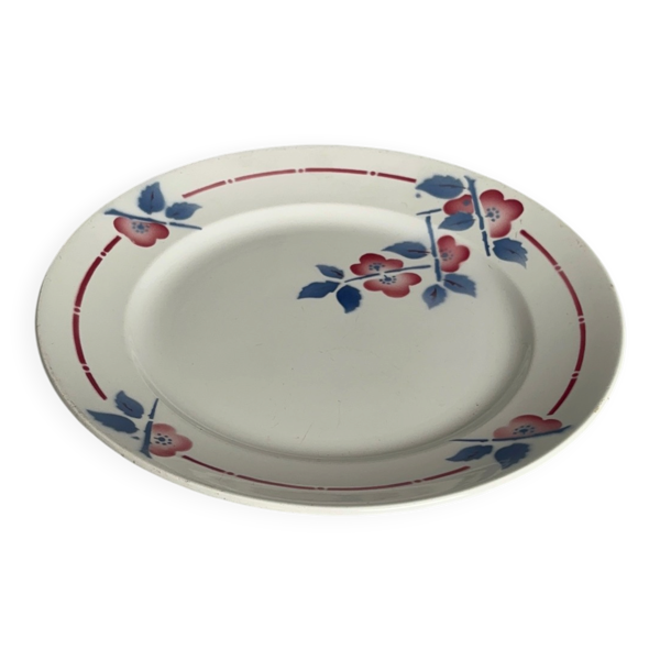 Plat rond de service Céranord Saint-Amand • Décor floral rouge et bleu