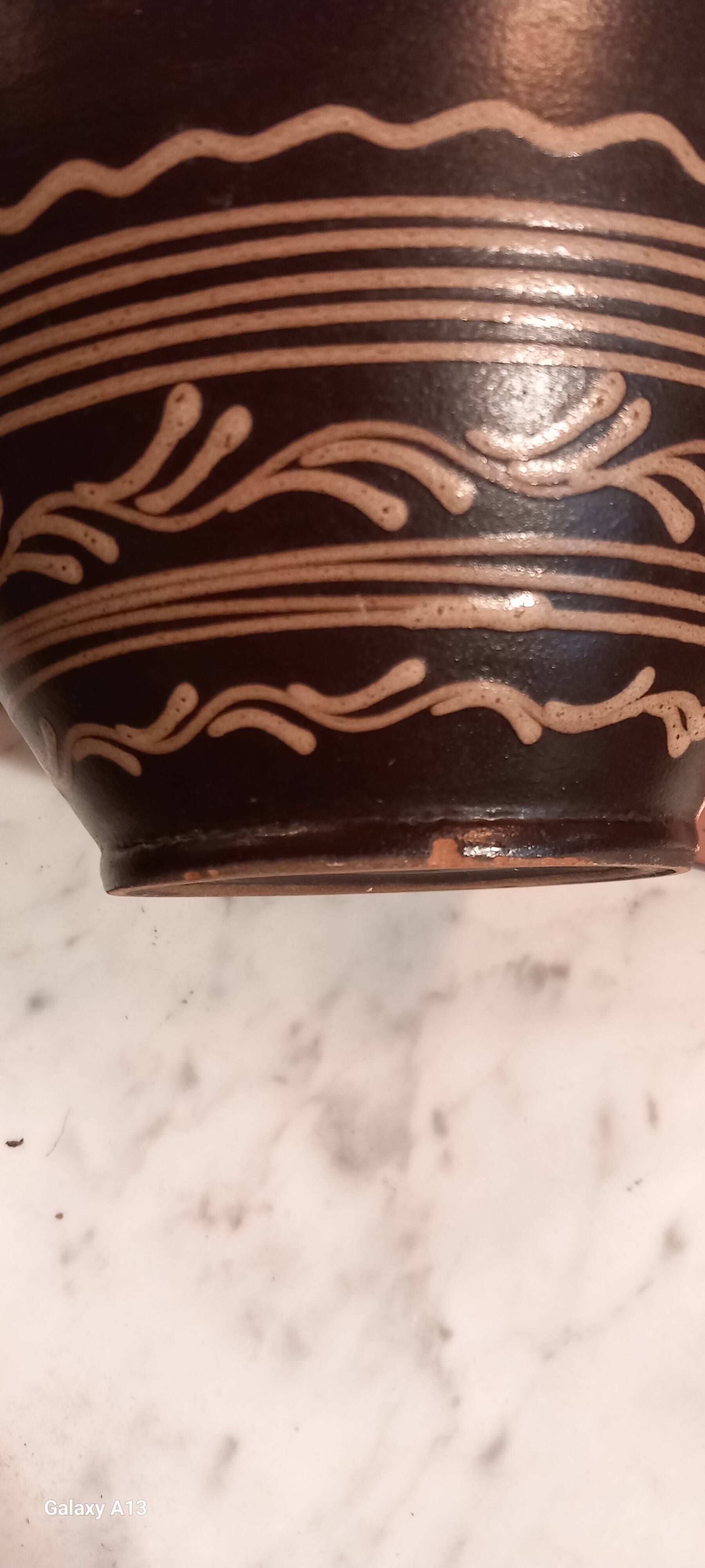 Hungarian pottery vase floral decor brown tone signed mhv