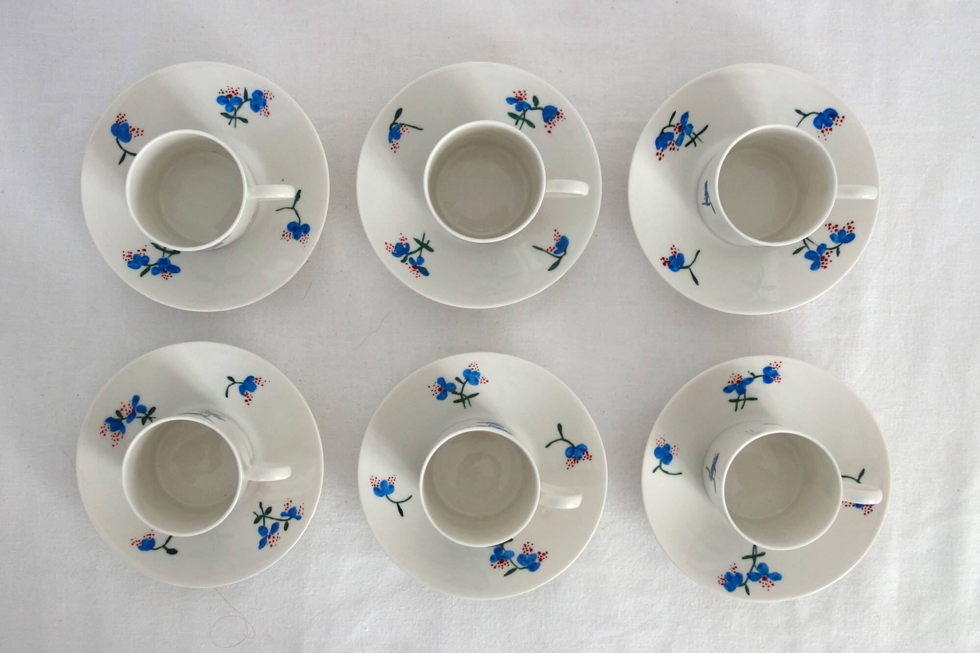 6 Limoges porcelain coffee cups, hand decorated, 1930s