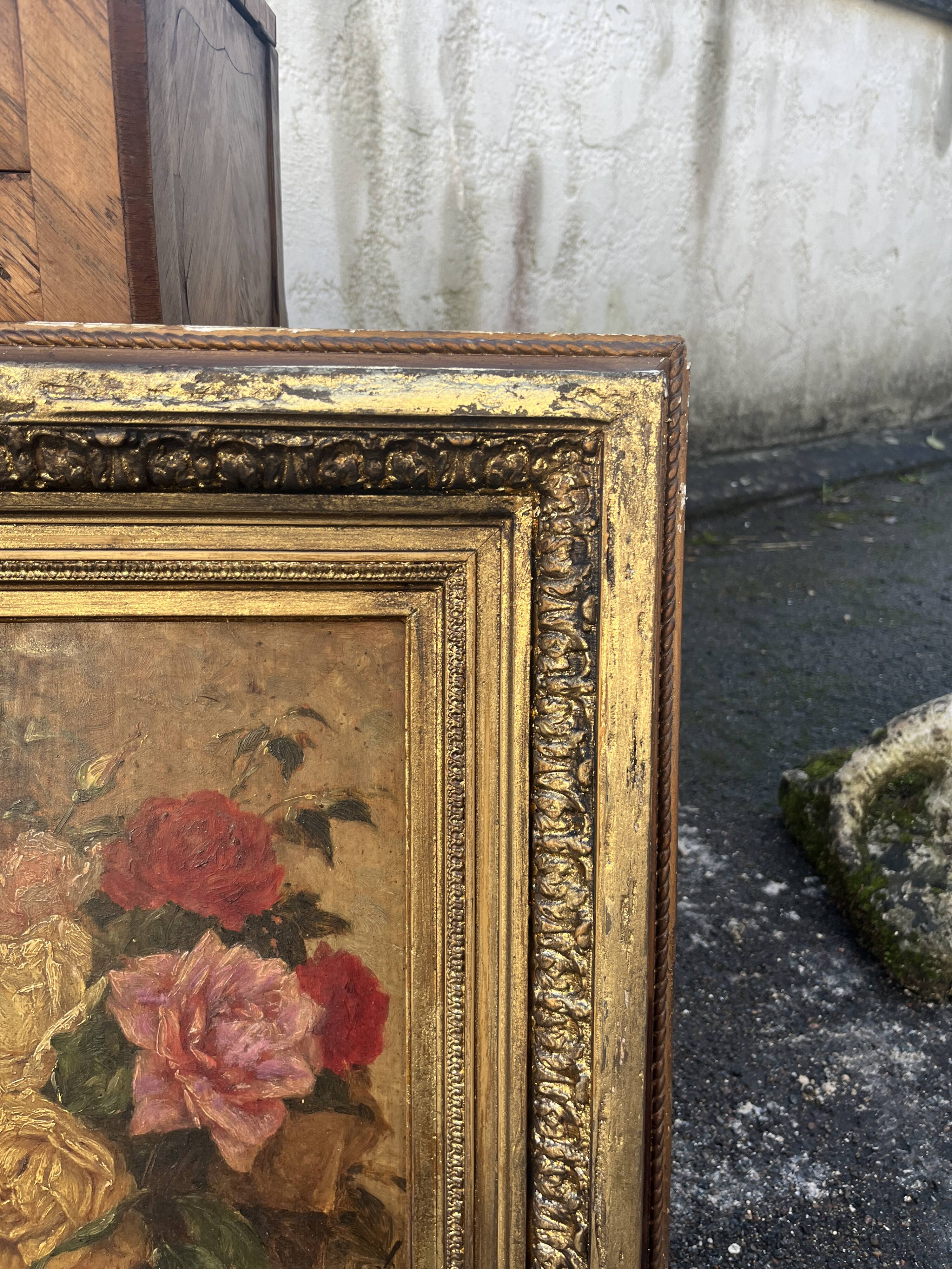 Antique Table XIX – Bouquet of Roses – Oil – Sculpted Gilded Frame