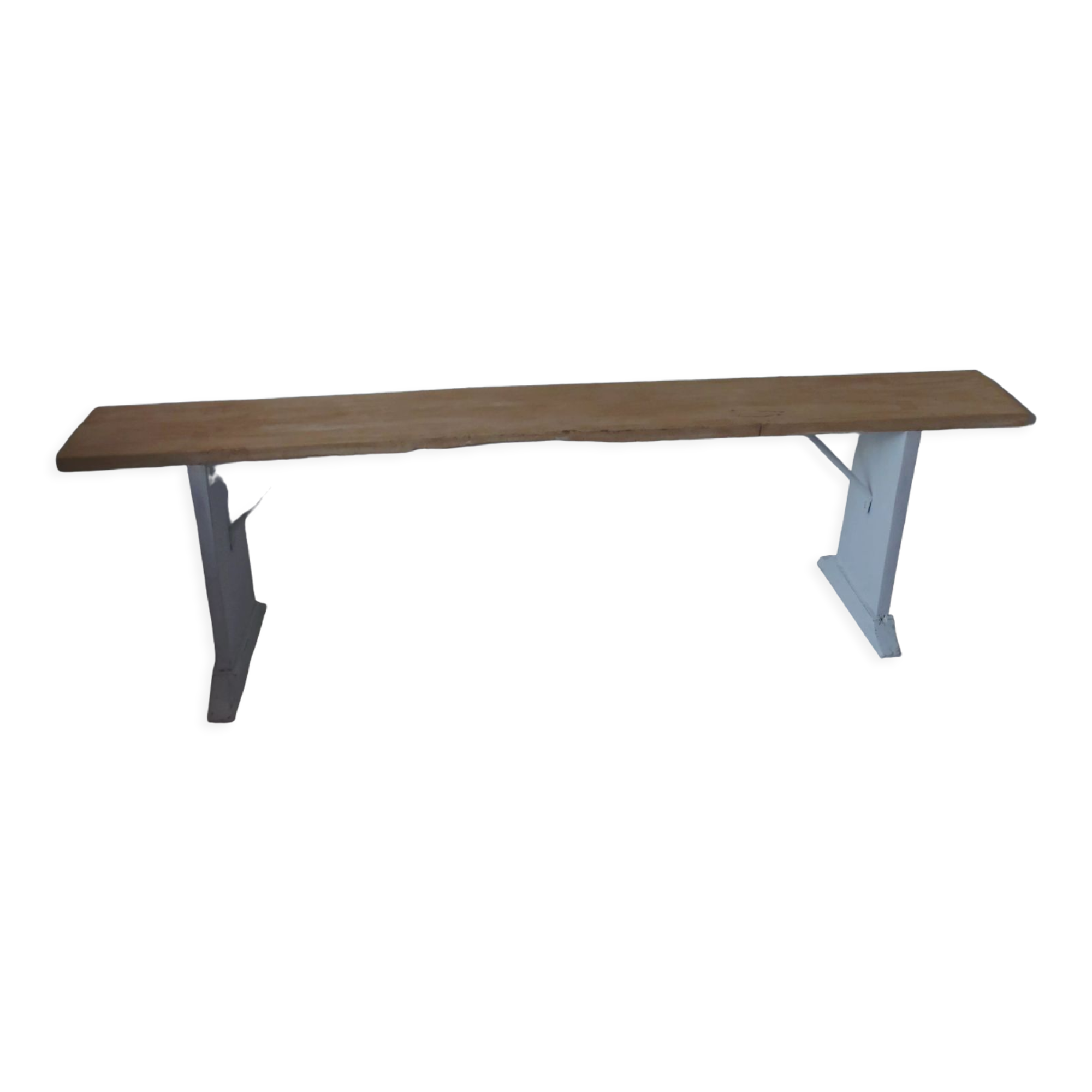 Farm bench, end of bed leg patinated pearl gray, wooden seat
