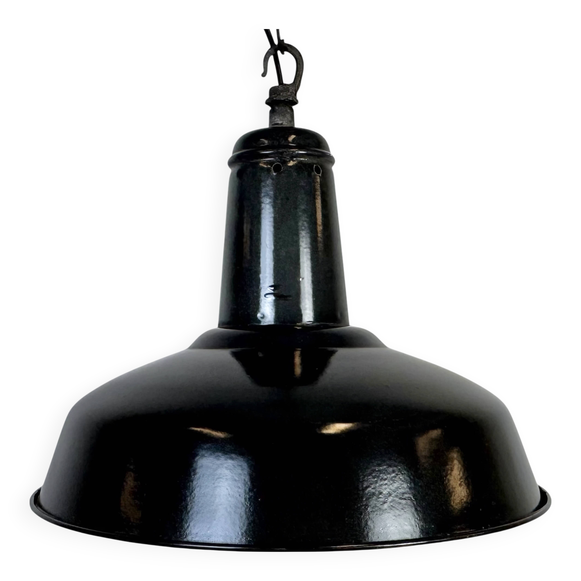 Industrial French Dark Grey Enamel Factory Pendant Lamp, 1960s