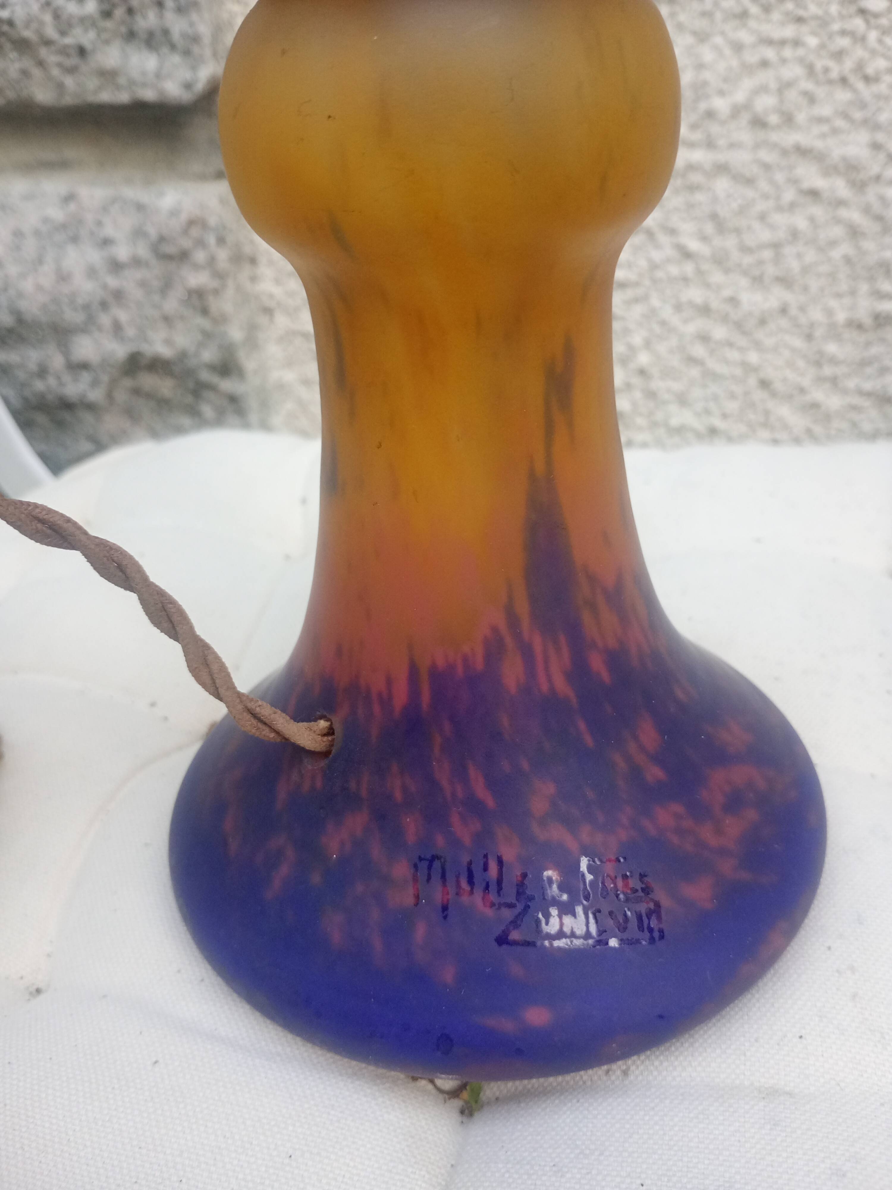 Müller Frères - Pied de Lampe verre marmoréen orange bleu & fer forgé