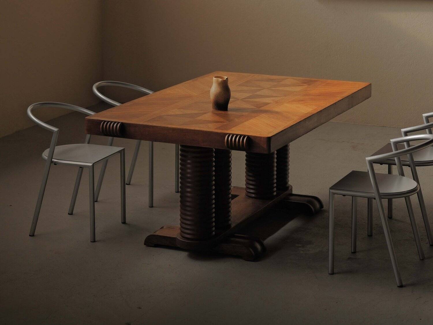 Solid oak table with marquetry, France, circa 1940.