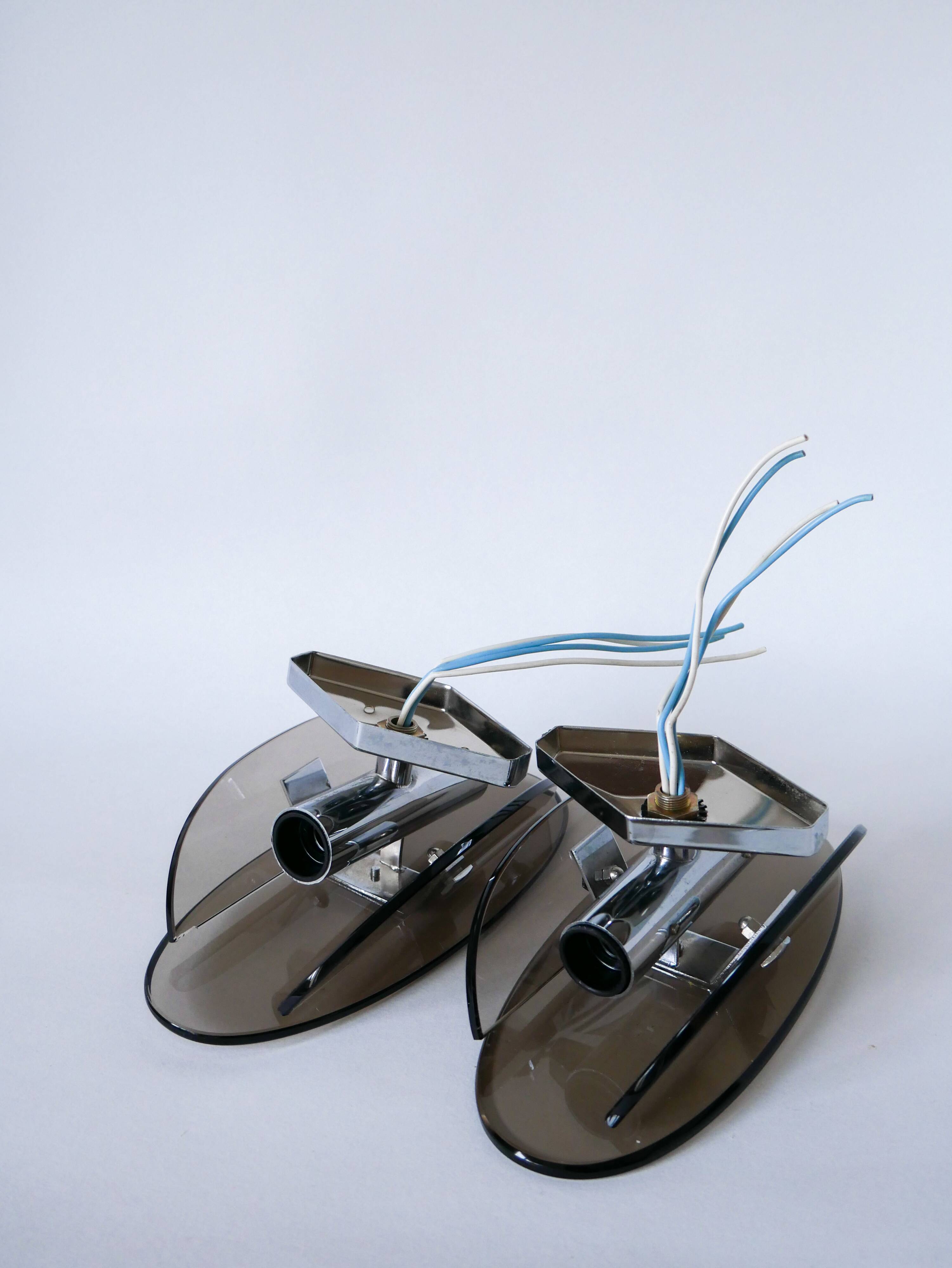 Pair of space age design smoked glass wall lights made in Italy 1970