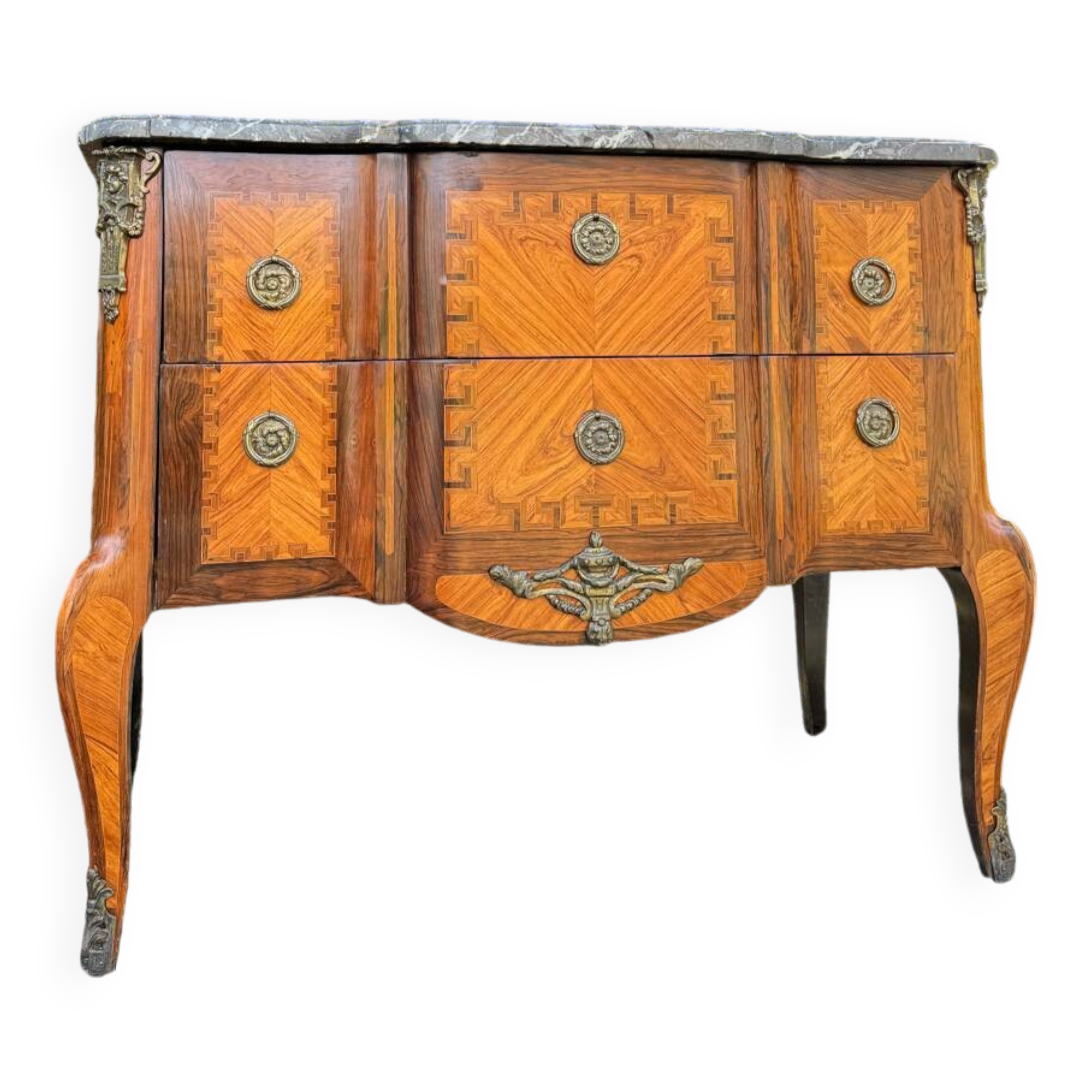 Transition period marquetry chest of drawers, late 18th century