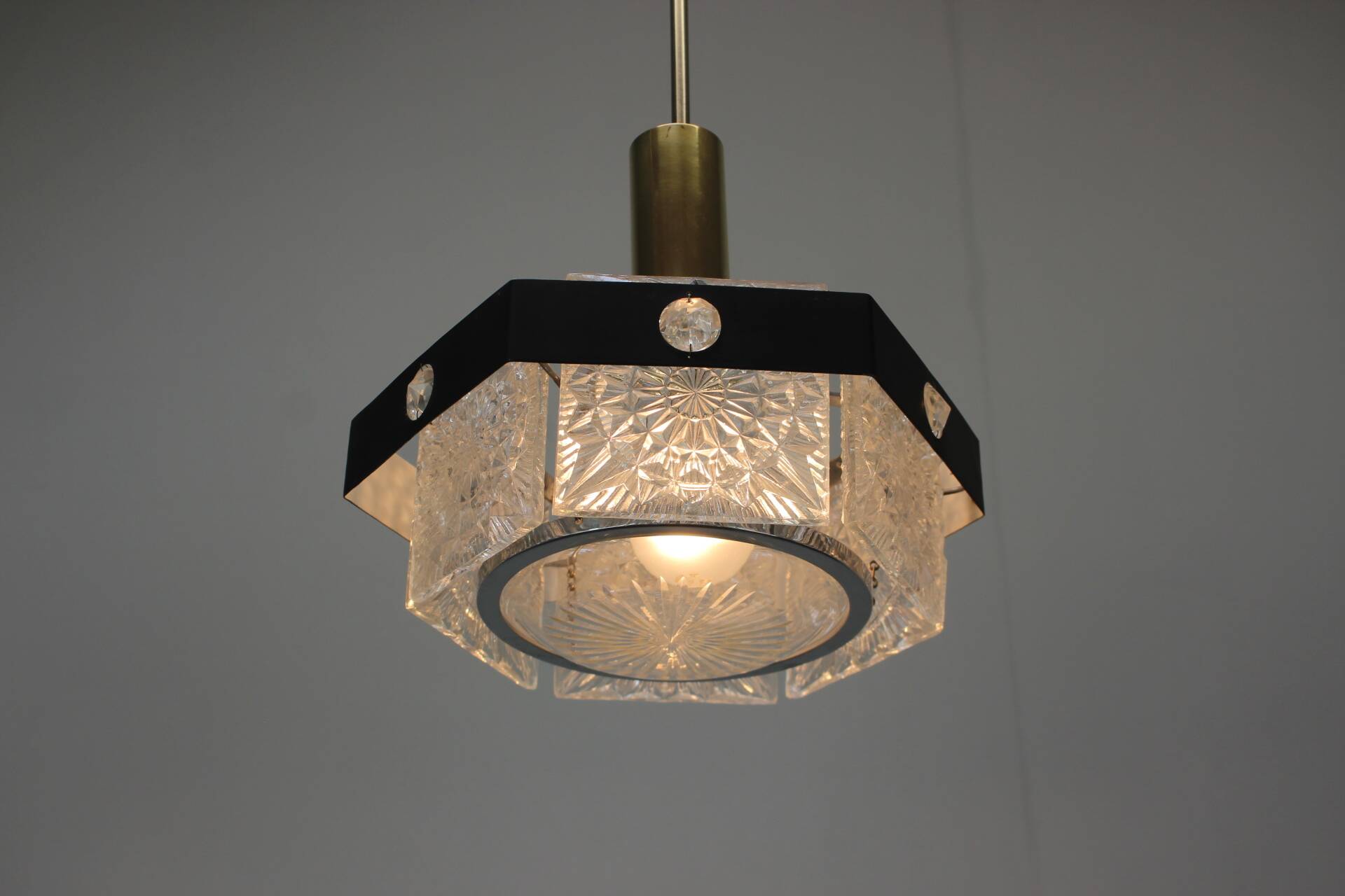 1970s Czechoslovak Kamenický Šenov Cut Glass and Chrome Pendant Light