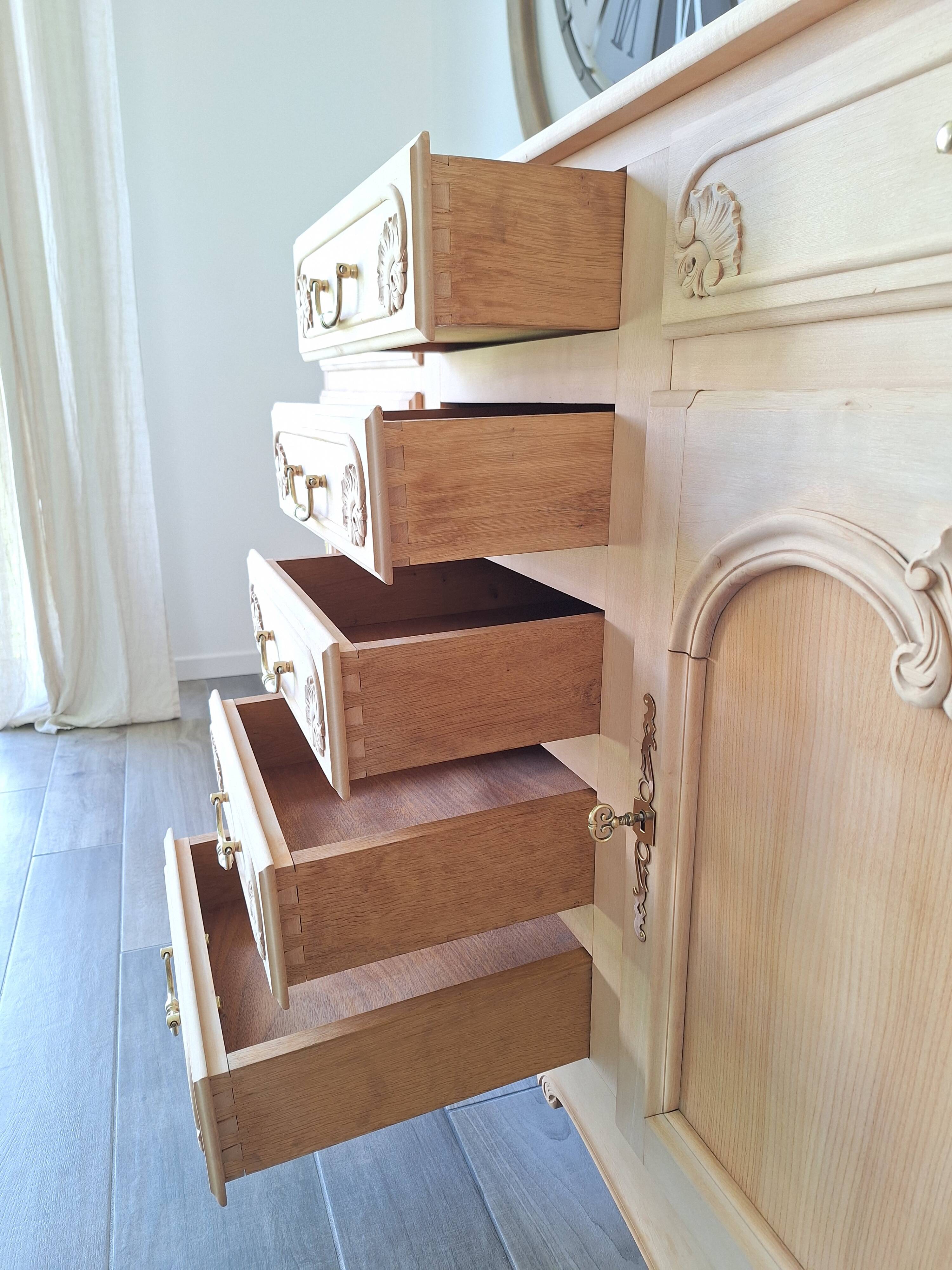 Low buffet in renovated solid cherry wood – Revisited Louis XV style – 250 cm