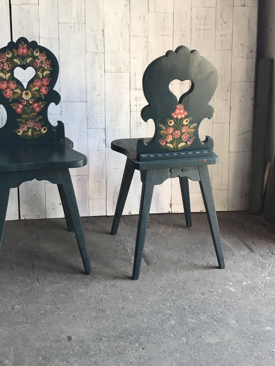 Set of 3 vintage wooden accent chairs painted navy blue, with 1920s decorated backs.