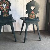 Set of 3 vintage wooden accent chairs painted navy blue, with 1920s decorated backs.