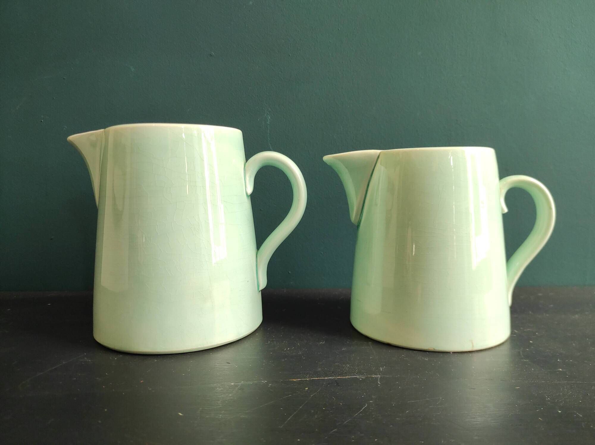 Set of two vintage French jugs in aquamarine blue