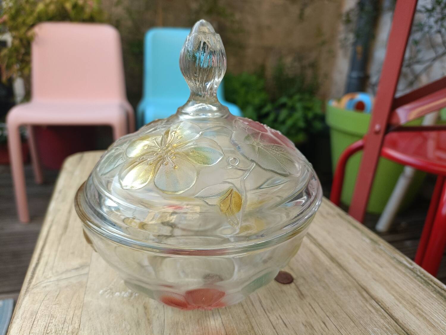 Candy dish, painted glass sugar bowl