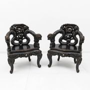 Pair of Chinese Qing Dynasty Carved Dragon Armchairs,Ebonized Hardwood,19th