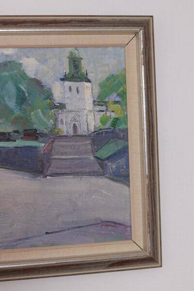 Original Swedish oil on canvas – “Church” by Stig Gilborne – vintage & framed – 67 × 52 cm (26.4" × 20.5")