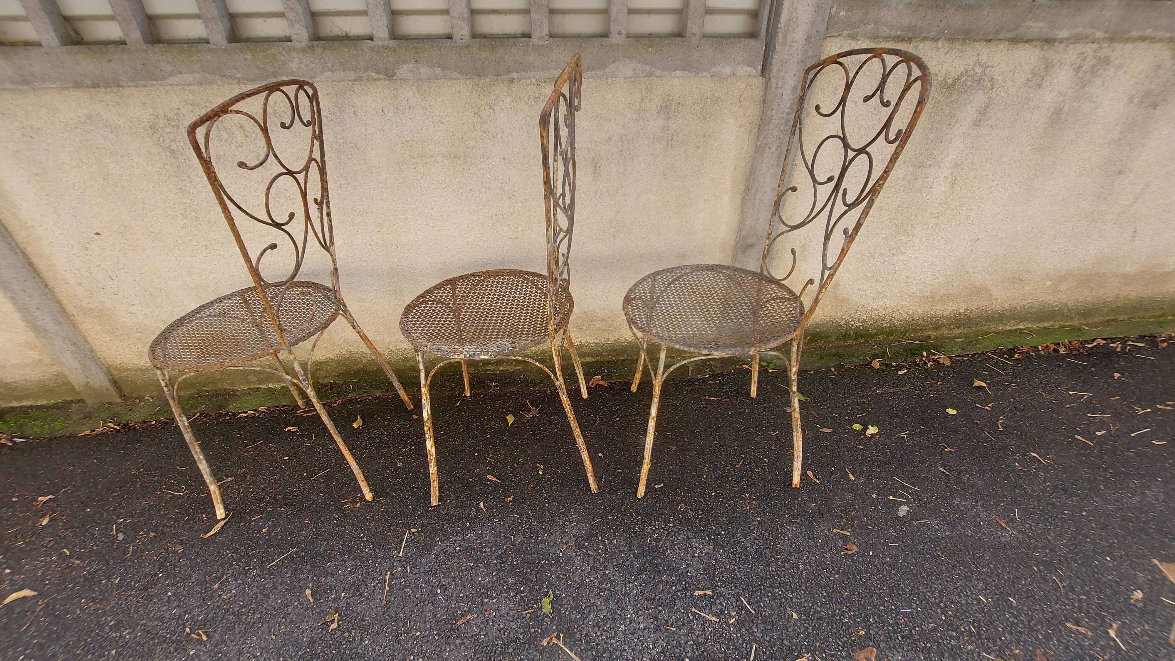 Set of 3 wrought iron garden chairs, rigitulle seat 1940/50