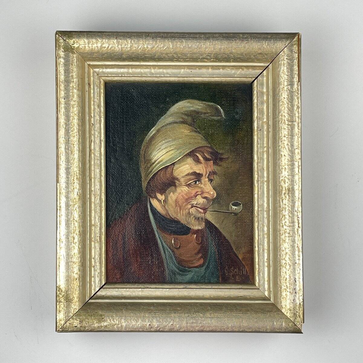 G. Schill, Portrait of a man in a nightcap with a pipe, 1930s, oil on canvas, framed