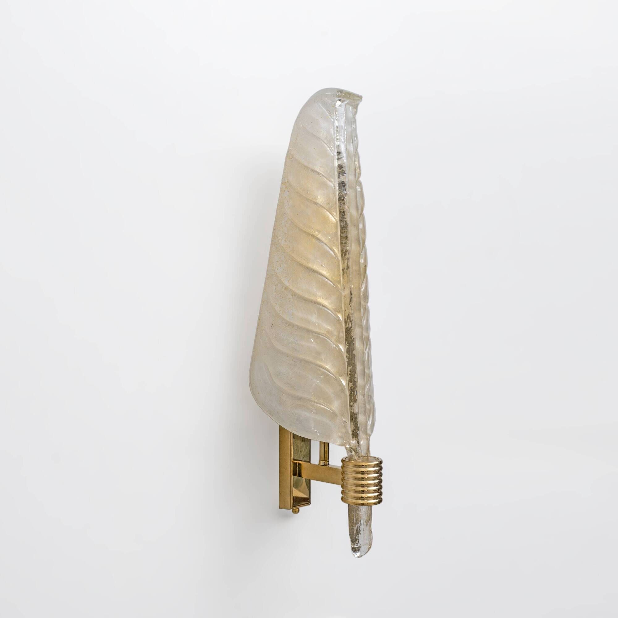 Pair of Murano Glass Leaf Wall Sconces with Gold Powder and Brass, Italy