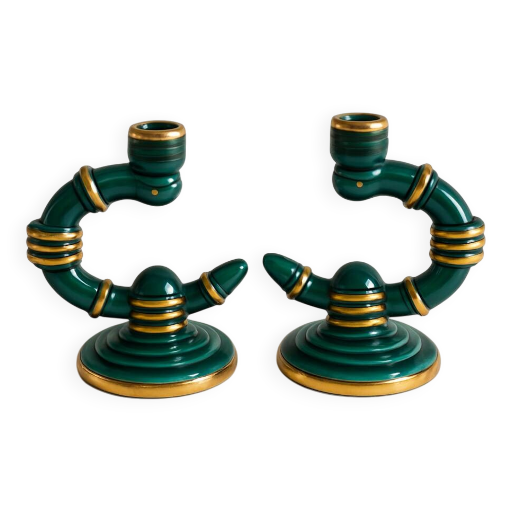 Pair of green and gold ceramic candlesticks