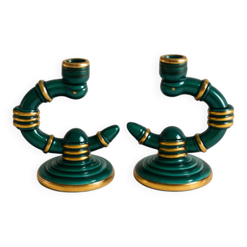 Pair of green and gold ceramic candlesticks