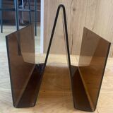 Vintage magazine rack in smoked plexiglass, Italian design from the 70s