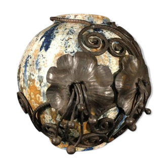 Roger Guérin & François Carion, Art Deco Ball Vase, Bouffioulx Stoneware and Wrought Iron, Ca 1925