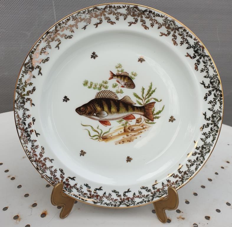 Set 12 plates porcelain gold fine fish fern limousine de Chastagner