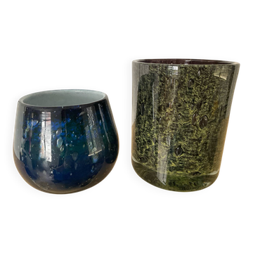 Duo de cache-pot vintage en pâte de verre bullée