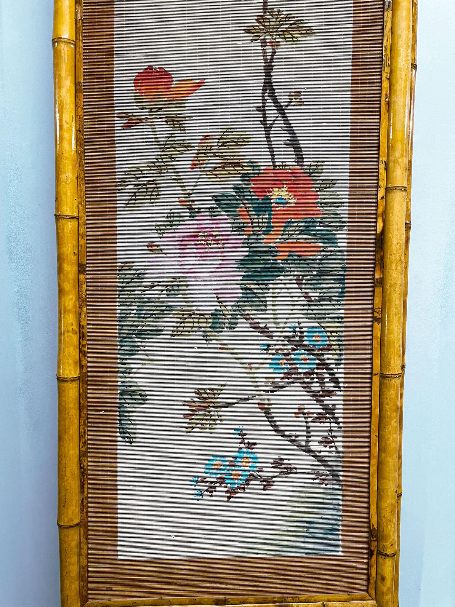 Vintage screen in bamboo handmade painting