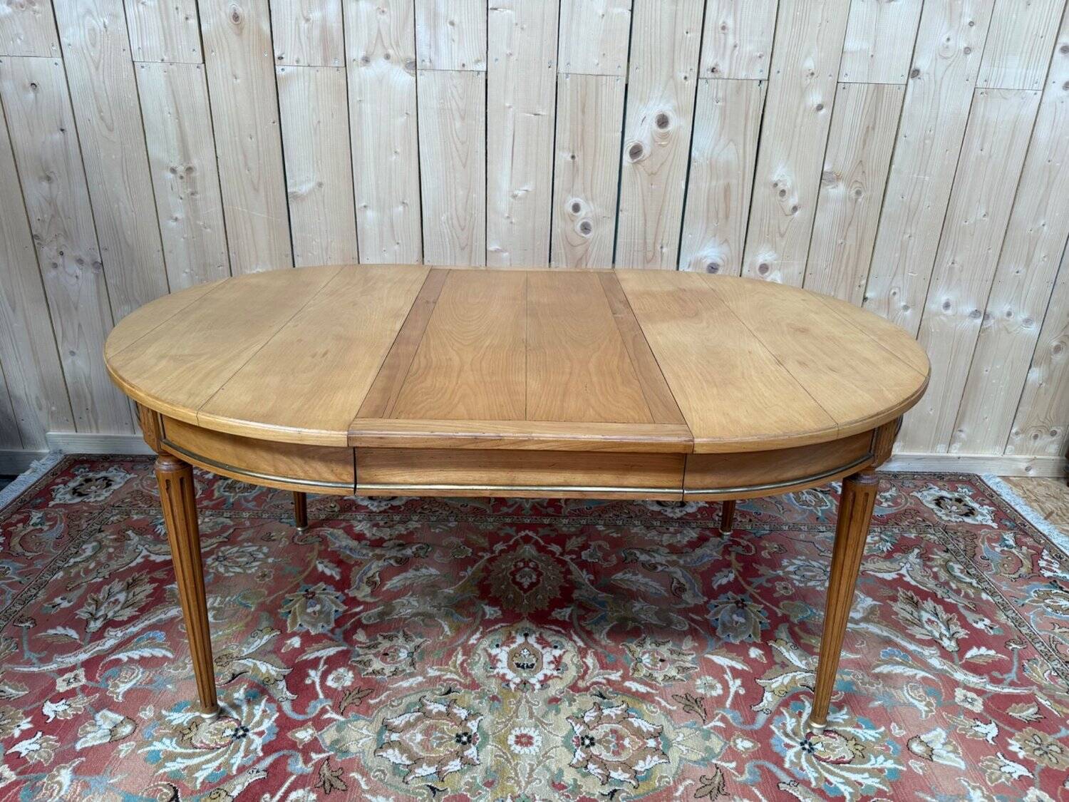 Extendable round table Louis XVI style solid cherry wood brass feet