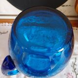 Blue carafe in bubbled blown glass similar to Biot glassware