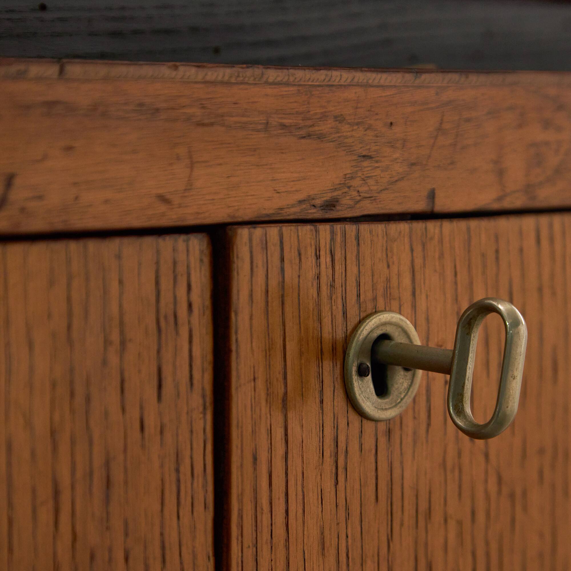 1950's Oakwood Display Cabinet with Sliding Glass Panels