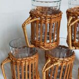Six vintage 50s glasses in braided rattan cases
