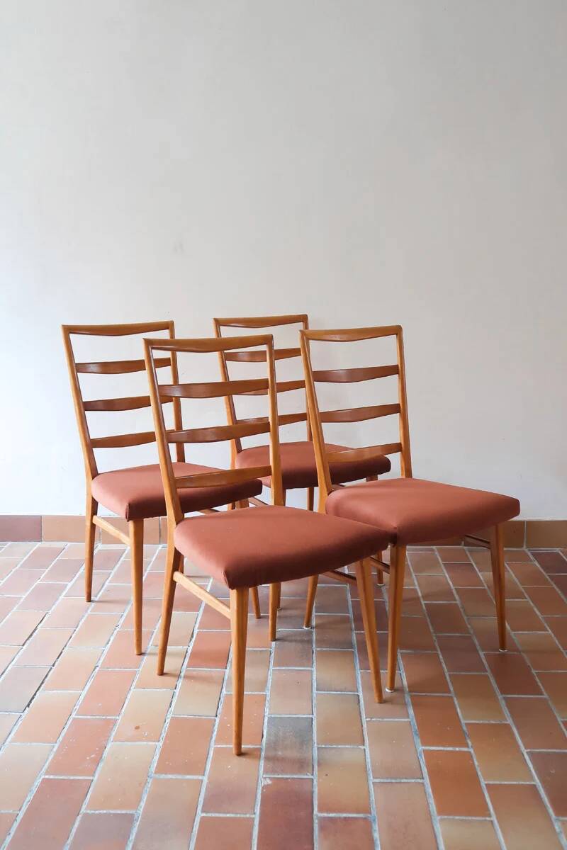 4 vintage Scandinavian chairs in light wood, 1960s.