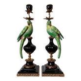 Pair of parrot candlesticks in porcelain and gilded bronze – Louis XV style