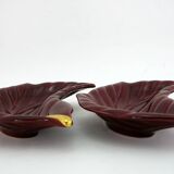 2 red and gold ceramic leaf-shaped bowls - Verceram France - vintage year