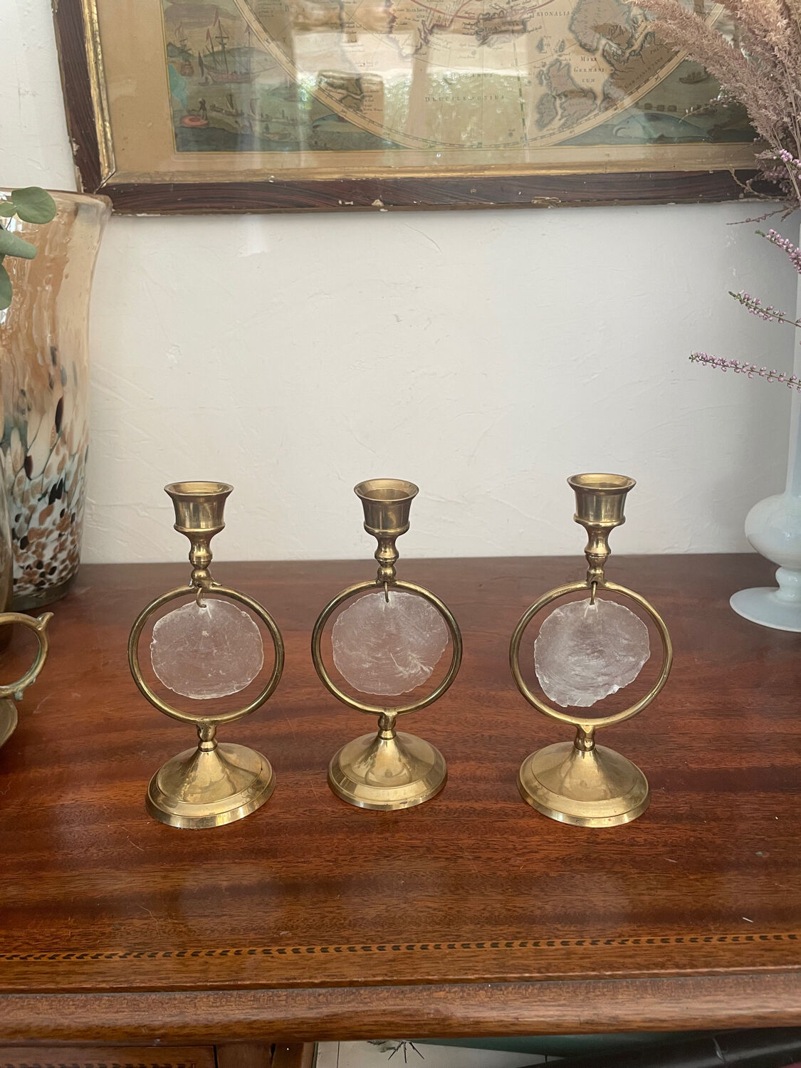 Trio de bougeoirs nacre et laiton